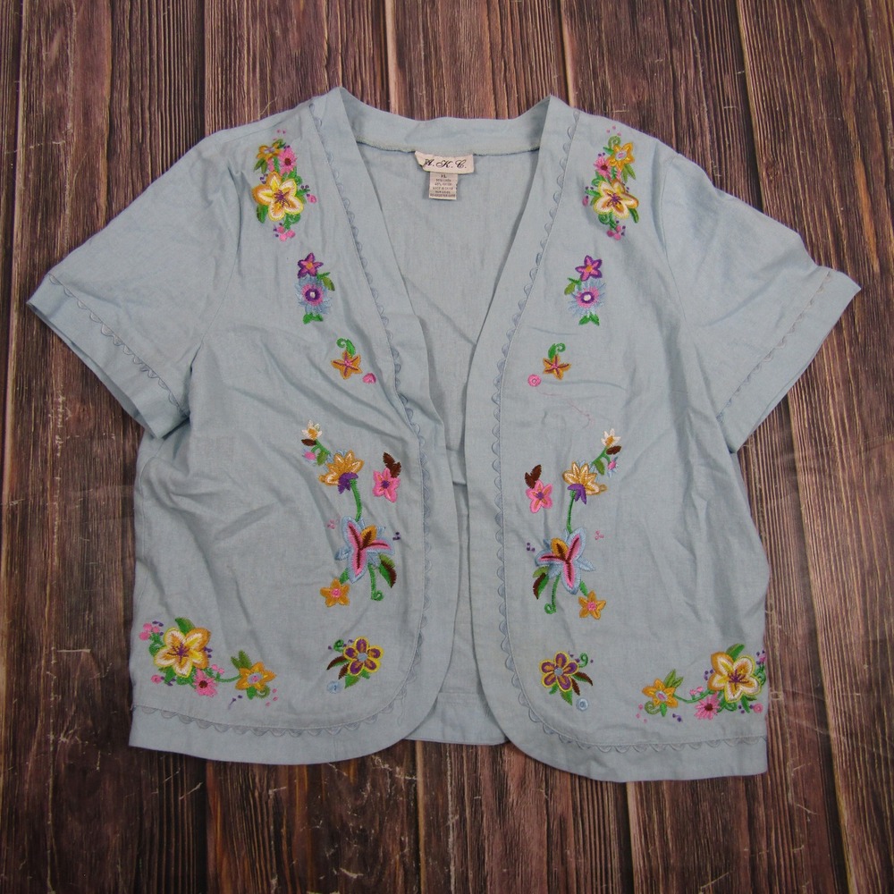 A.K.C. Cardigan Womens XL Blue Floral Grannycore Linen Short Sleeve Bolero